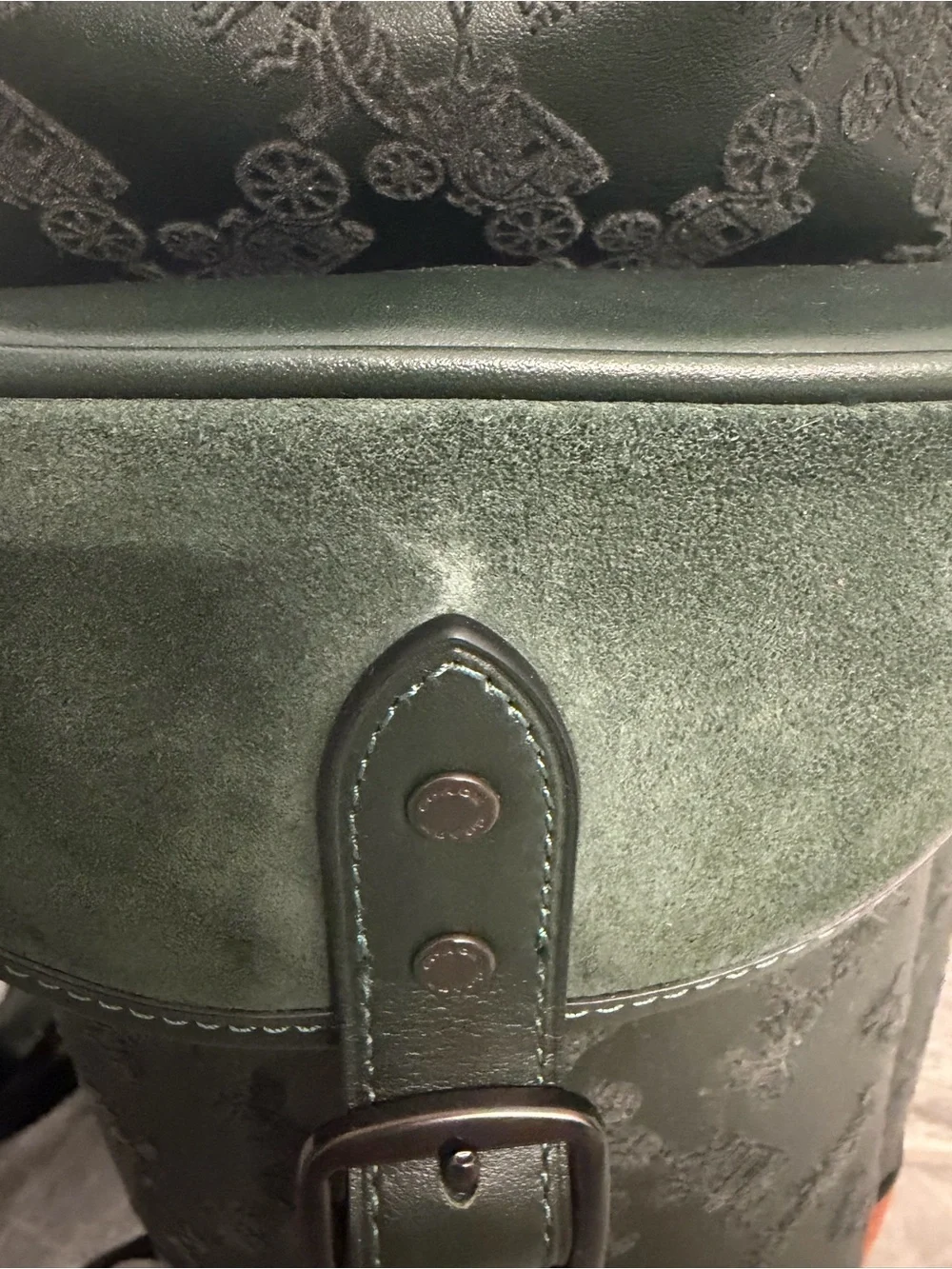 Coach Forest Green Signature Stagecoach Leather Backpack with Brown Suede Base